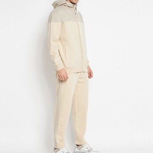 Ensemble de survêtement décontracté pour homme, couleur beige, à blocs de couleurs, avec capuche, fermeture éclair, manches longues, coupe régulière, 100 % coton, pour l'automne - Product Image 4