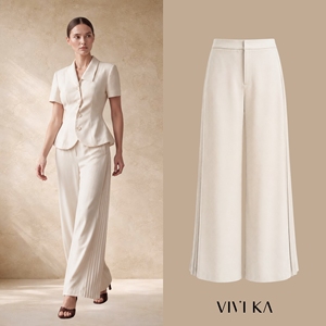 Pantalones Palazzo Elegantes de Oficina para Mujer, de Cintura Alta y Pierna Ancha con Paneles Laterales Plisados, ODM OEM, VESPER - Product Image 1
