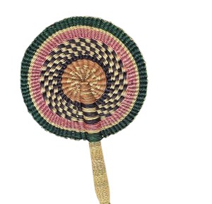 Éventail artisanal en jonc de mer tressé vert foncé, rose et or, accessoire de rafraîchissement traditionnel en feuilles de palmier pour l'intérieur de la maison - Product Image 4