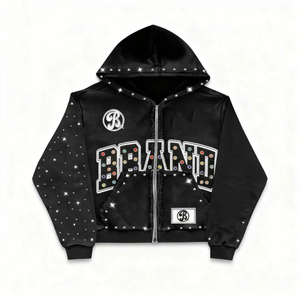Sweat-shirt à capuche noir avec logo de marque en strass, fermeture éclair, streetwear, veste en satin surdimensionnée pour homme, vêtements d'hiver - Product Image 1