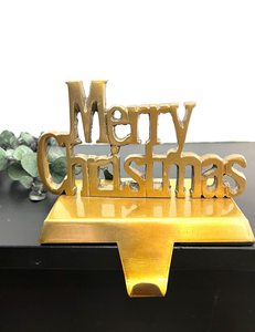 Gold Merry Christmas Stocking Holder Metal Fireplace Mantel <b>Hanger</b> Decorative Christmas Sign with Hook Festive Holiday Home Deco - Product Image 1