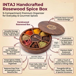 Curio Craft Round Wooden Spice <b>Box</b> with 9 Compartments and Spoon Food Grade Durable Dishwasher Safe Hand Wash Only - Product Image 4