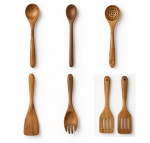 Ensemble d'ustensiles de cuisine en bois 8 pièces : cuillères, spatules, fourchettes avec support, lavage à la main, légers - Product Image 2