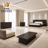 Maßgefertigtes Hotel-Schlafzimmer-Möbelset Dunkles Holzbett Kopfteil Nachttisch Kommode für Hotelprojekte