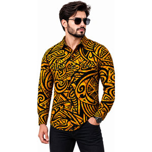 เสื้อเชิ้ตแขนยาวลายชนเผ่าสำหรับผู้ชาย สีเหลืองดำ พิมพ์ลายแบบซับลิเมชั่น แฟชั่นสำหรับทำงาน ระบายอากาศได้ดี ผลิตจากโพลีเอสเตอร์ - Product Image 4