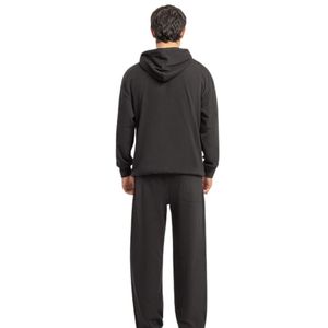 Ensemble coordonné homme coupe droite, sweat à capuche noir en tissu Popcorn avec patch poitrine en caoutchouc et boutons-pression, décontracté OEM ODM - Product Image 2