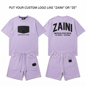 Mens 280 GSM Premium Cotton French Terry T Shirt <b>and</b> <b>Shorts</b> <b>Set</b> Light Lavender Custom Embossed Rubber Logo Streetwear - Product Image 1