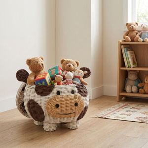 Handmade <b>Wicker</b> Cow Storage <b>Basket</b> <b>Round</b> Shape Children's Toy Organizer Living Room Decor White Black Brown Weaved Design - Product Image 4