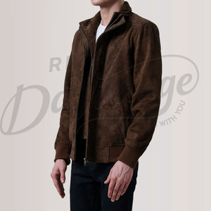 Veste en daim marron foncé pour homme, en véritable peau de mouton, style moto décontracté, coupe ajustée, avec poignets et ourlet côtelés - Product Image 3