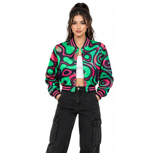 Green Pink Geometric Print Varsity <b>Jacket</b> Women's <b>Short</b> Crop Bomber Coat Full <b>Sleeve</b> Turn-down Collar Polyester Autumn Style - Product Image 4