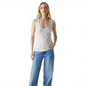 Women's White Scoop Neck Tank <b>Top</b> 100% Cotton Knitted Casual Breathable Solid Color Regular Length - Product Image 5