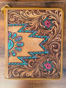 <b>A4</b> Multifunctional Zipper Hand Leather Document File Holder Ring Binder Custom Office Genuine Leather Floral <b>Portfolio</b> Organizer - Product Image 2