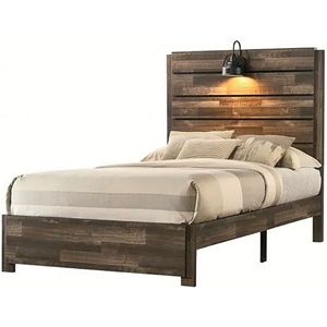 Letto matrimoniale in legno stile rustico con finitura effetto legno anticato marrone e lampada, mobili per camera da letto - Product Image 1