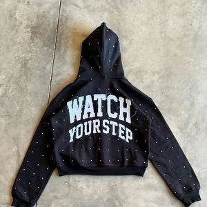 Custom Patch Hip Hop 100% Cotton Winter Oversized Loose <b>Black</b> Drawstring Pullover <b>Hoodies</b> for <b>Men</b> - Product Image 5