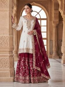Traditional Indian Pakistani Wedding <b>Lehenga</b> Set <b>Women</b> Maroon White Embroidered Pure Chinon Slik Floor-Length Dress Stretchable - Product Image 5