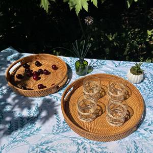 Handmade <b>Round</b> Rattan Serving <b>Basket</b> with Built In Handles <b>Wicker</b> Tray for Fresh Fruit Bread Snacks Rustic Home Decoration - Product Image 2