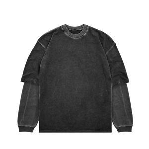Sweat-shirt à col rond en coton French Terry de haute qualité, personnalisé, épais, uni, streetwear, pour hommes, coupe ample, effet délavé - Product Image 2