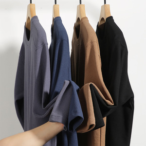 52% Cotton 48% Polyester Black <b>Waffle</b> Casual Blank T-<b>Shirts</b> 220gsm Raglan Short Sleeve - Product Image 2