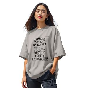 T-shirt ample pour femme avec imprimé artistique café, col rond, coupe décontractée, manches courtes, 100 % coton, printemps-été, tenue décontractée - Product Image 1