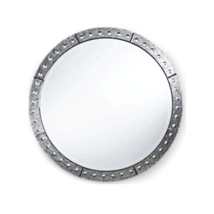 Industrial Round Wall <b>Mirror</b> with Studded Metal Frame & Distressed Finish | Rustic Modern Circular Accent <b>Mirror</b> for Home Decor - Product Image 1