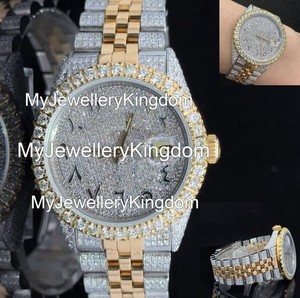 Reloj de Hombre Estilo Hip Hop Chapado en Oro Amarillo de 14k con Cristales de Moissanita Reales, Esfera de Cristal, Resistente al Agua 10 Bar, Diseño Completamente Cubierto de Piedras - Product Image 2