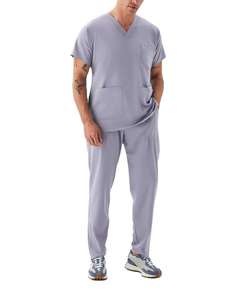 Men V-Neck <b>Scrub</b> Set Short Sleeve Top & Pants Grey Cotton Polyester Woven Hospital <b>Uniform</b> Spandex Polyester V-Neck <b>Scrubs</b> - Product Image 6