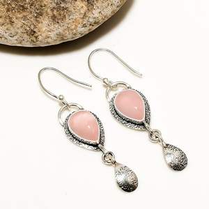 Pear Shape <b>Rose</b> <b>Quartz</b> Gemstone <b>Earrings</b> 925 Sterling Silver Vintage Style Handmade Jewelry Gift For Women - Product Image 6