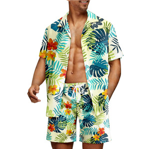 Ensemble chemise et short à manches courtes pour homme, imprimé floral tropical, tenue de plage décontractée, polyester respirant, deux pièces - Product Image 1
