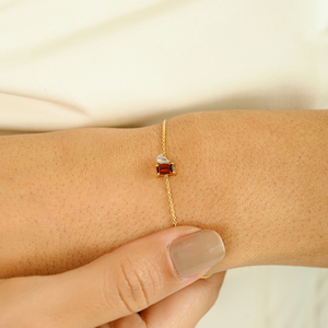 Diseño minimalista y sencillo, ligero, con granate y diamante, oro amarillo puro de 14K, pulsera Toi et Moi, joyería delicada apilable para unisex. - Product Image 6