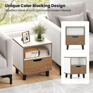 Set di 2 Comodini Unici a 3 Livelli con Venature del Legno e Bianco Crema, Tavolino da Camera con Design a Blocchi di Colore e Cassetto con Ripiano Aperto - Product Image 5
