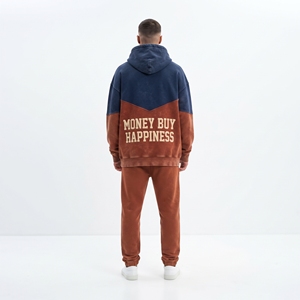 <b>Men</b> Two Tone <b>Navy</b> Rust Hoodie Pullover Streetwear <b>Fleece</b> Sweatshirt Decorative Stripe Rhinestone Detail Custom Wholesale - Product Image 5