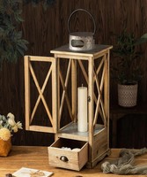 Art Empire Exports Lanterne carrée en bois naturel avec panneaux de verre, faite à la main, rustique, impression 1 couleur, porte-bougie, décoration intérieure, Noël