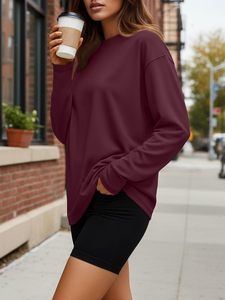 Pull à col rond à manches longues pour femme, couleur unie, tricoté, décontracté, 100% coton, respirant, toutes saisons - Product Image 3