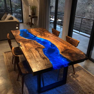 Mesa de Comedor Rectangular Azul de Resina Epoxi y Madera de Acacia con Borde Natural para Diwali - Duradera y Ecológica - Product Image 6