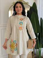 Ensemble coordonné en coton crème brodé de fleurs pour femmes, avec pantalon assorti, vêtements ethniques traditionnels, style Inde Pakistan, décontracté