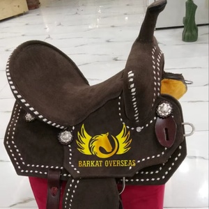 Silla de montar western de cuero genuino de gamuza marrón de alta calidad con costuras blancas, para carreras de barriles, con cantle alto de madera y asiento acolchado suave. - Product Image 1