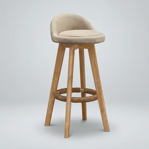 Modern Beige Upholstered Bar <b>Stool</b> with Curved Backrest Wooden Legs and Rope Footrest for Kitchen Cafe and Home Seating - Product Image 5