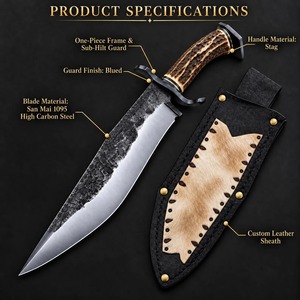 Cuchillo de Caza de Hoja Fija de Acero al Carbono Hecho a Mano con Mango de Cuerno de Ciervo, Punta Caída, Funda de Cuero Negro de 20 Pulgadas - Product Image 4