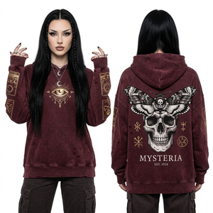Sweat à capuche personnalisé 500 GSM vert émeraude pour femme, motif crâne rituel mystique, impression symbole argenté sur manches, coupe oversize, style streetwear - Product Image 2