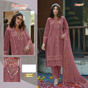 Traje Étnico de Invierno Semisellado con Apliques Bordados, Top de Organza, Pantalón de Santoon y Dupatta, Venta al Por Mayor por Aarika Textile - Product Image 2