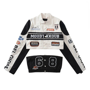 Chaqueta Bomber de Cuero Rosa Extra Grande para Mujer, Estilo Racing Bordado, Estilo Universitario, Ropa Urbana - Product Image 3