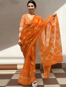 KV Women's Traditional Cotton Orange Printed Designer Saree Unstitched <b>Blouse</b> for Party Wrinkle-Free Quick Dry Reversible Autumn - Product Image 3