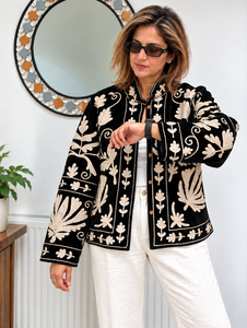 Blazer Reversible Acolchado Vintage de Lana/Viscosa y Algodón para Mujer, Cuello Redondo, Apliques Florales Bordados, Cierre de un Solo Botón, Abrigos de Invierno - Product Image 3