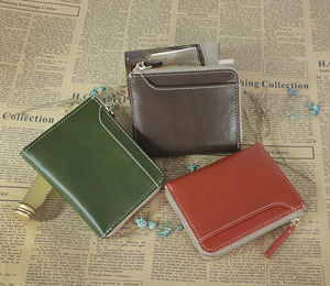 [Promotion] Castello Genuine Vegetable Tanned Leather RFID Zipper Closure Minimalist Unisex Short L-Shape Olive Polyester QC - Product Image 1