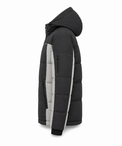 Wholesale Hooded Puffer <b>Jacket</b> Contrast Panel Construction Warm Polyester Filling Custom Patch Multiple Zipper Pockets - Product Image 2
