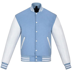 <b>Men's</b> Light Blue Varsity <b>Jacket</b> Customize <b>White</b> Sleeve Breathable Multi Pocket Stand Collar Regular Fit Autumn Wear <b>Men's</b> <b>Jacket</b> - Product Image 1