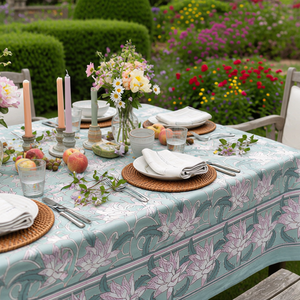 Japan Lotus Green 10 Seater <b>Tablecloth</b> 180x270cm Handcrafted Block Printed 100% Cotton Wedding Dining Home Decor Style - Product Image 5