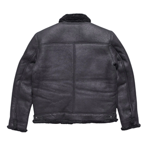 Black <b>Shearling</b> Leather <b>Bomber</b> <b>Jacket</b> Mens Genuine Sheepskin Winter Aviator V-neck Zipper Closure Vintage Coat - Product Image 4
