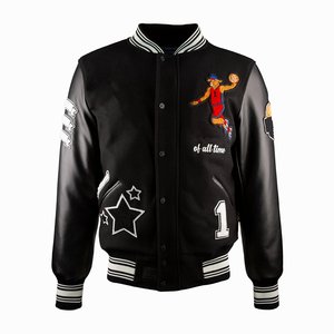 Wholesale New Men's <b>Black</b> Varsity <b>Jacket</b> With Embroidered Basketball Player And Stars Design Leather Sleeves Casual Autumn Wear - Product Image 2