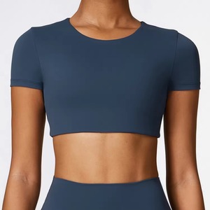 Summer Women’s Seamless Crop Top – Breathable Lightweight Crew Neck <b>Padded</b> Gym Fitness Shirt with Custom Logo - Product Image 5